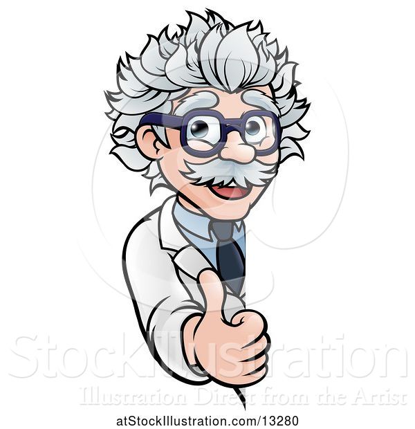 Vector Illustration of Cartoon Senior Male Scientist Giving a Thumb up Around a Sign