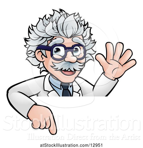 Vector Illustration of Cartoon Senior Male Scientist Giving a Waving and Pointing down over a Sign