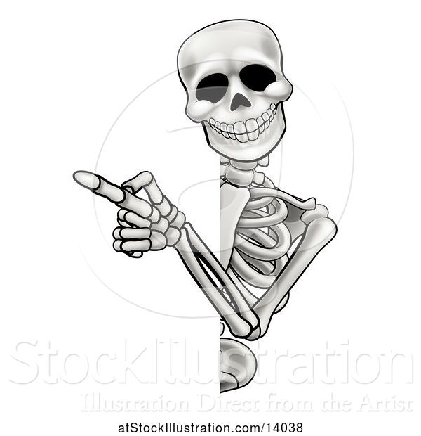 Vector Illustration of Cartoon Skeleton Pointing Around a Sign