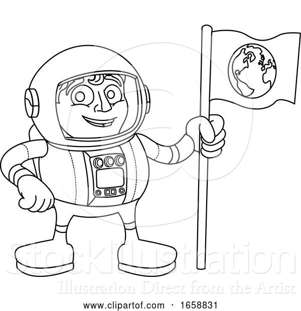 Vector Illustration of Cartoon Space Guy Astronaut Holding Flag