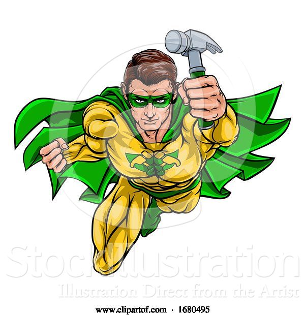 Vector Illustration of Cartoon Super Carpenter Handyman Superhero Holding Hammer