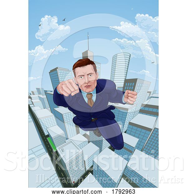 Vector Illustration of Cartoon Super Hero Businessman Superhero Flying Cartoon