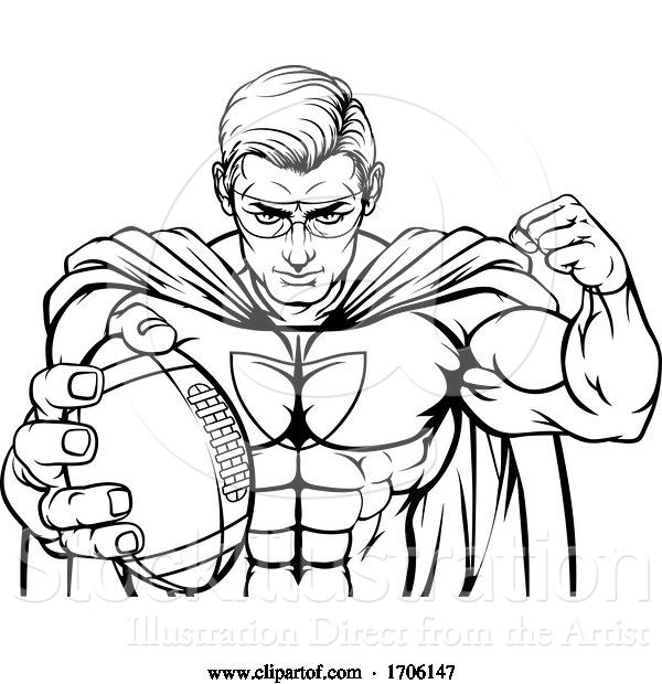 Vector Illustration of Cartoon Superhero Holding Football Ball Sports Mascot