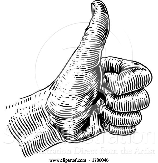 Vector Illustration of Cartoon Thumb up Sign Hand Retro Vintage Woodcut