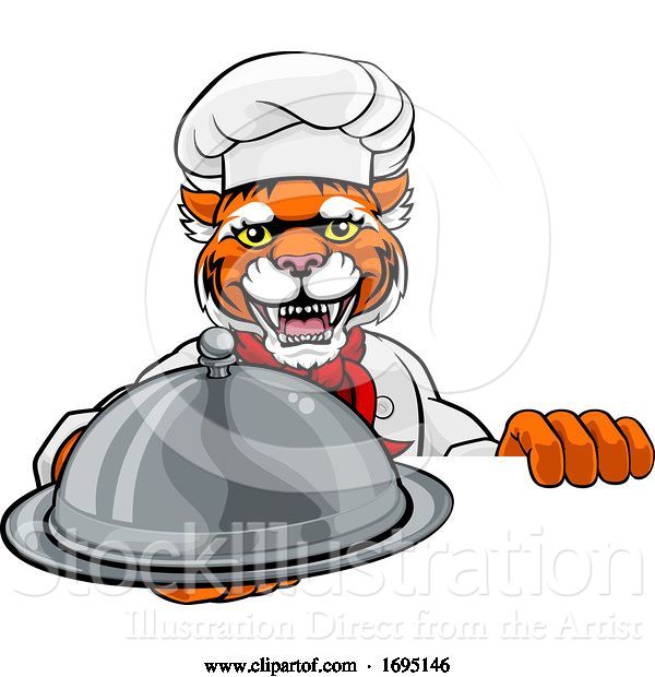 Vector Illustration of Cartoon Tiger Chef Mascot Sign Character