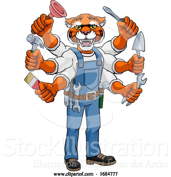 Vector Illustration of Cartoon Tiger Multitasking Handyman Holding Tools