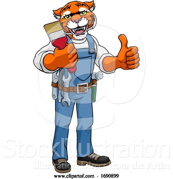 Vector Illustration of Cartoon Tiger Painter Decorator Holding Paintbrush