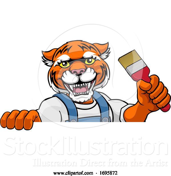 Vector Illustration of Cartoon Tiger Painter Decorator Holding Paintbrush