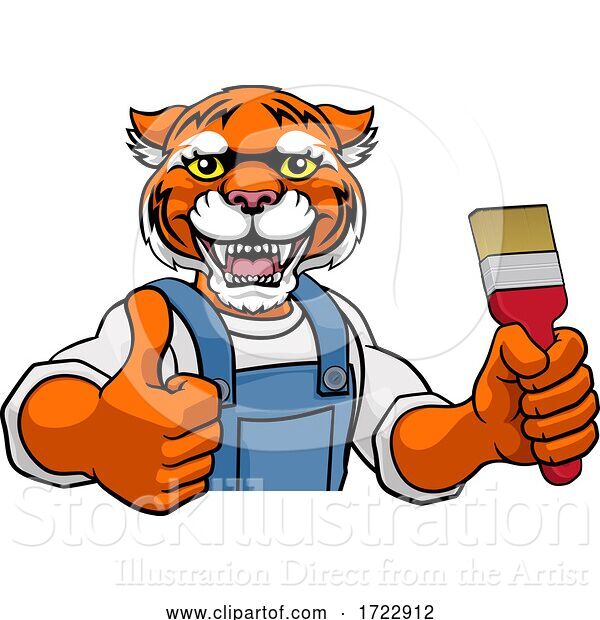Vector Illustration of Cartoon Tiger Painter Decorator Holding Paintbrush