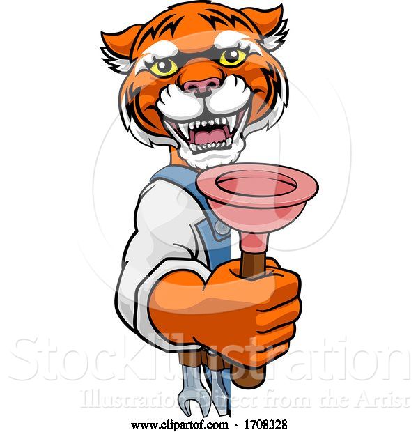 Vector Illustration of Cartoon Tiger Plumber Mascot Holding Plunger