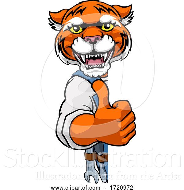 Vector Illustration of Cartoon Tiger Plumber Mechanic Handyman Peeking Sign