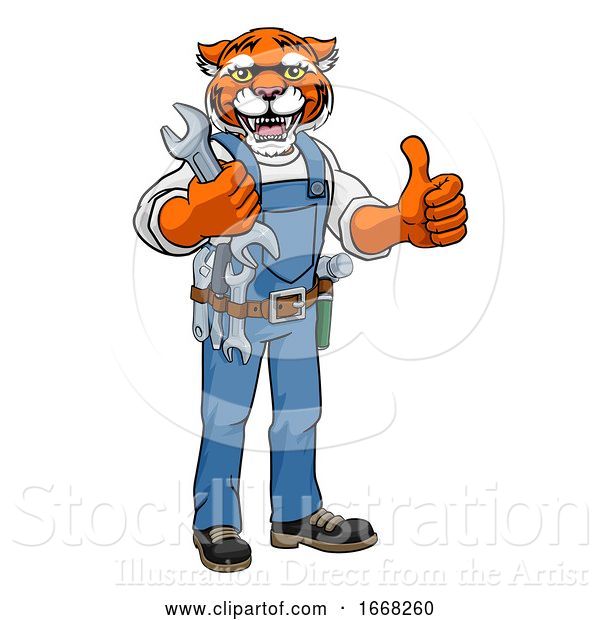 Vector Illustration of Cartoon Tiger Plumber or Mechanic Holding Spanner