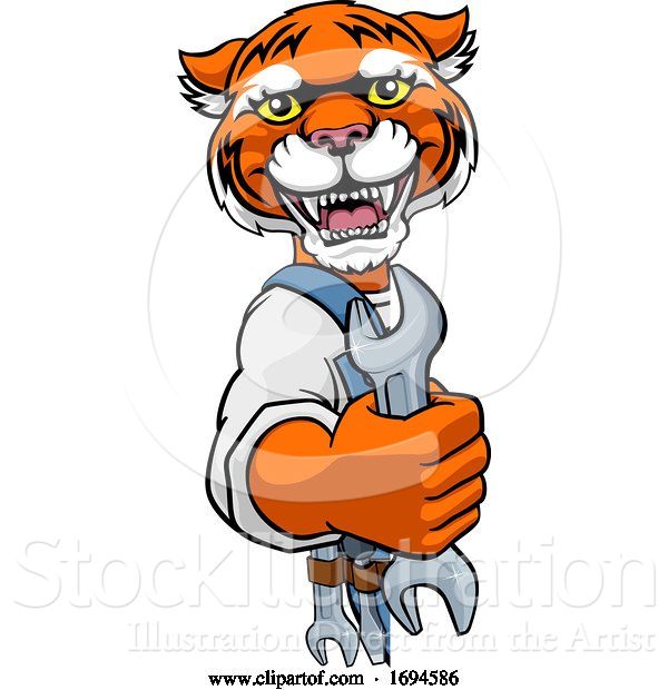 Vector Illustration of Cartoon Tiger Plumber or Mechanic Holding Spanner