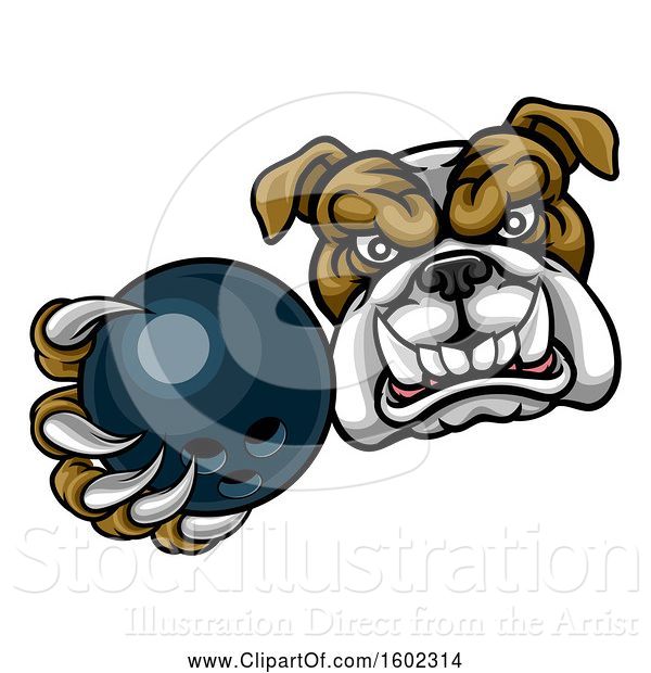 Vector Illustration of Cartoon Tough Bulldog Monster Mascot Holding out a Bowling Ball in One Clawed Paw