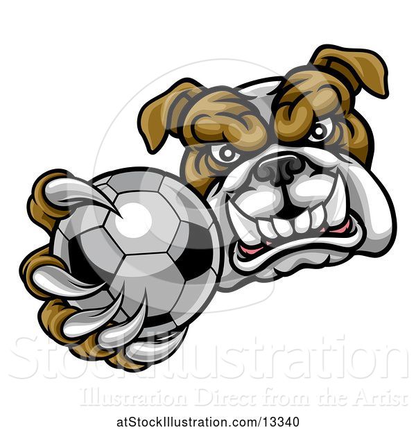 Vector Illustration of Cartoon Tough Bulldog Monster Mascot Holding out a Soccer Ball in One Clawed Paw