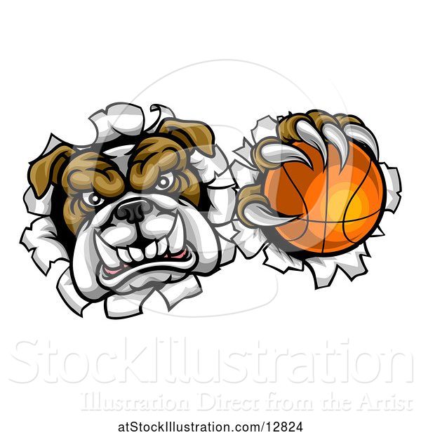 Vector Illustration of Cartoon Tough Bulldog Monster Sports Mascot Holding out a Basketball in One Clawed Paw and Breaking Through a Wall