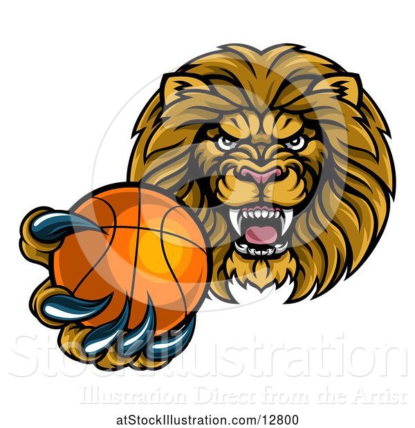 Vector Illustration of Cartoon Tough Lion Monster Mascot Holding out a Basketball in One Clawed Paw
