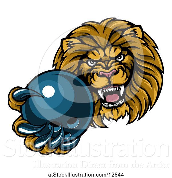 Vector Illustration of Cartoon Tough Lion Monster Mascot Holding out a Bowling Ball in One Clawed Paw
