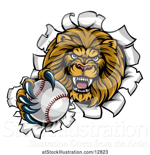 Vector Illustration of Cartoon Tough Lion Sports Mascot Holding out a Baseball and Breaking Through a Wall