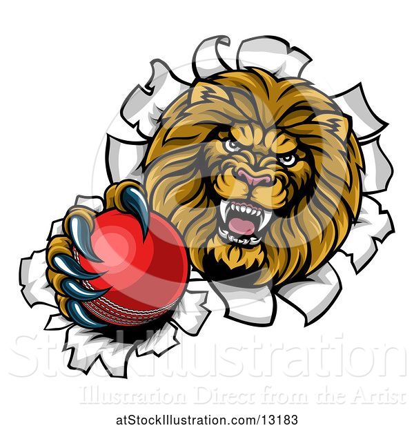 Vector Illustration of Cartoon Tough Lion Sports Mascot Holding out a Cricket Ball and Breaking Through a Wall