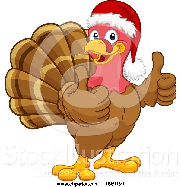 Vector Illustration of Cartoon Turkey in Santa Hat Christmas Thanksgiving Cartoon