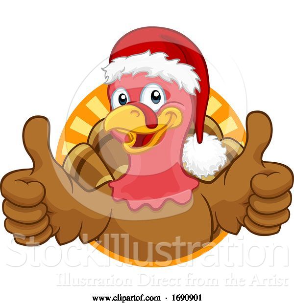 Vector Illustration of Cartoon Turkey in Santa Hat Christmas Thanksgiving Cartoon