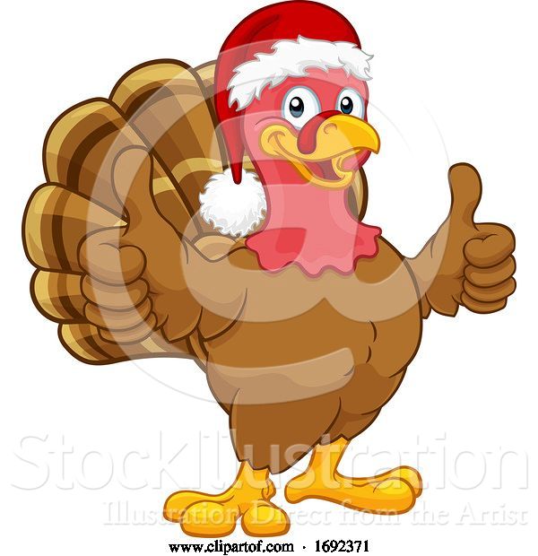 Vector Illustration of Cartoon Turkey in Santa Hat Christmas Thanksgiving Cartoon