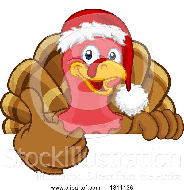 Vector Illustration of Cartoon Turkey in Santa Hat Christmas Thanksgiving Cartoon