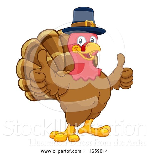 Vector Illustration of Cartoon Turkey Pilgrim Hat Thanksgiving Character