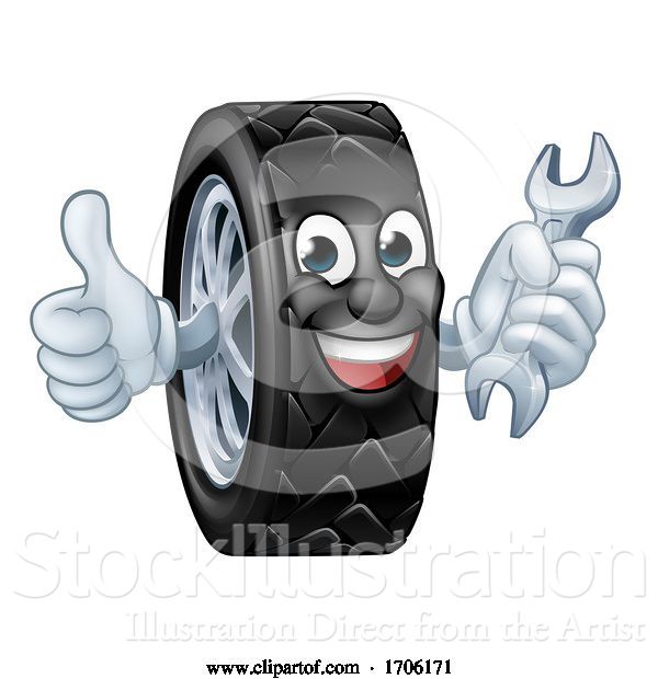 Vector Illustration of Cartoon Tyre Car Mechanic Service Mascot