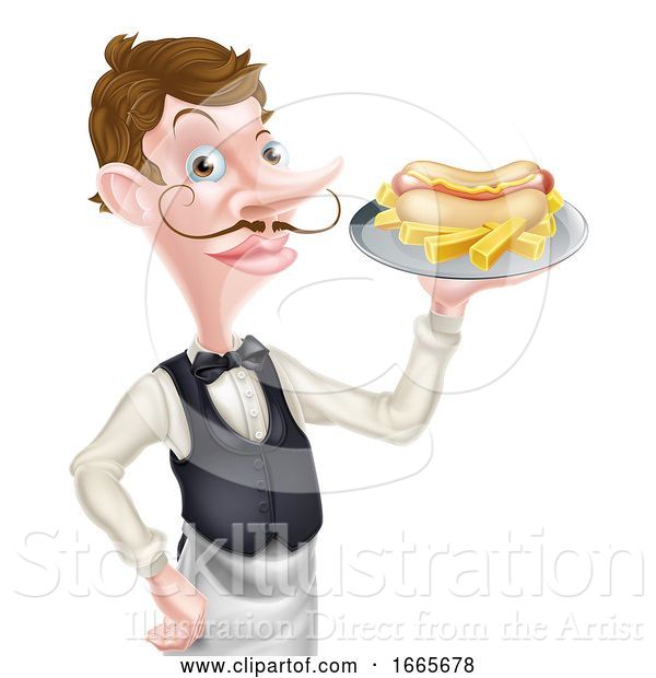 Vector Illustration of Cartoon Waiter Butler Holding Hotdog and Fries