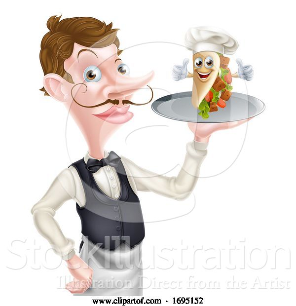 Vector Illustration of Cartoon Waiter Butler Holding Kebab Mascot