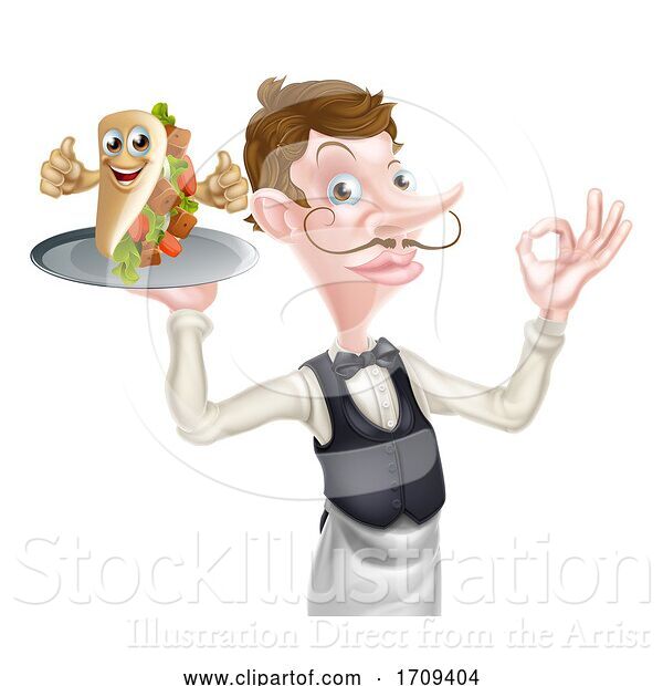 Vector Illustration of Cartoon Waiter with Perfect Kebab