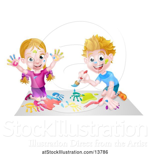 Vector Illustration of Cartoon White Boy and Girl Kneeling and Painting