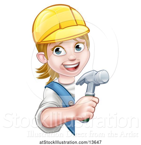 Vector Illustration of Cartoon White Female Carpenter Holding a Hammer Around a Sign