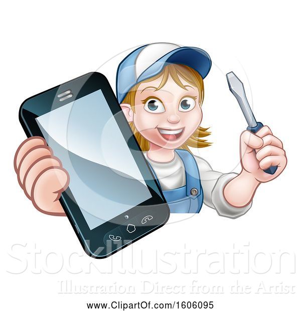 Vector Illustration of Cartoon White Female Electrician Holding a Screwdriver and Cell Phone over a Sign