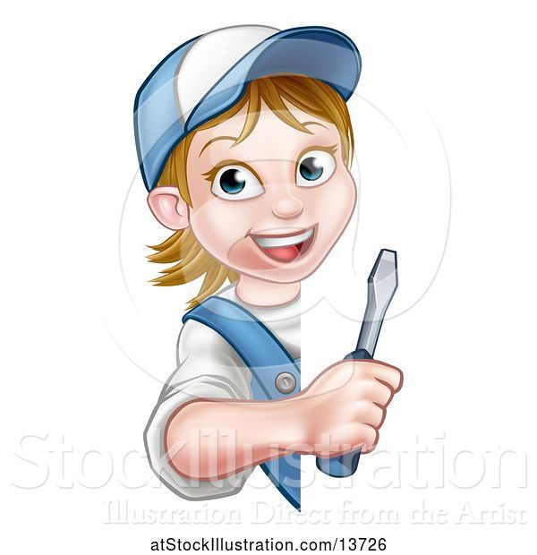 Vector Illustration of Cartoon White Female Electrician Holding a Screwdriver Around a Sign