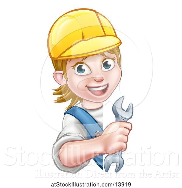 Vector Illustration of Cartoon White Female Plumber Holding a Spanner Wrench Around a Sign