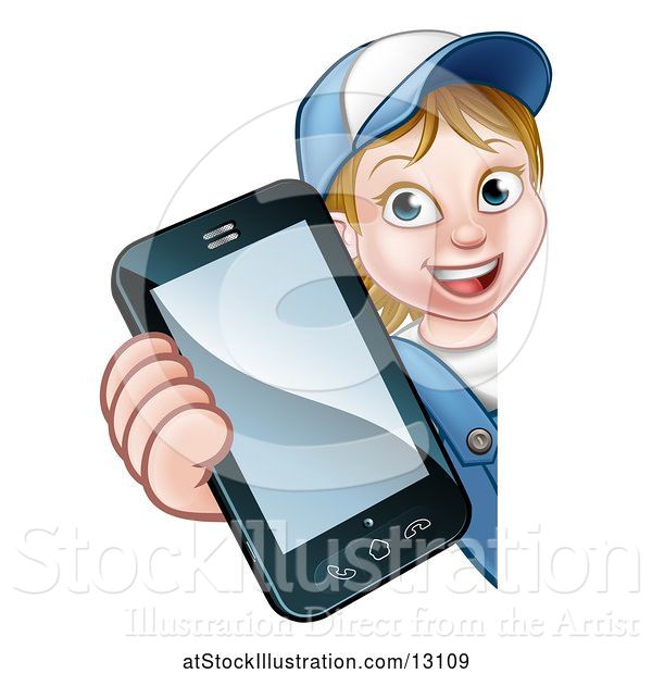 Vector Illustration of Cartoon White Female Worker Holding a Cell Phone Around a Sign