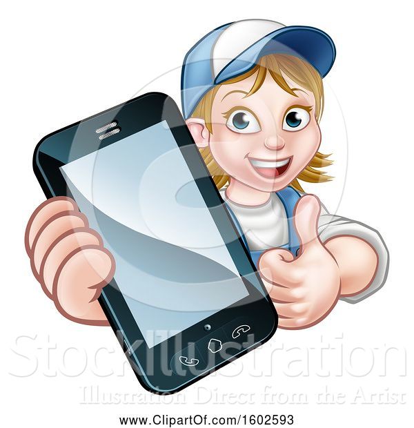 Vector Illustration of Cartoon White Female Worker Holding a Cell Phone over a Sign