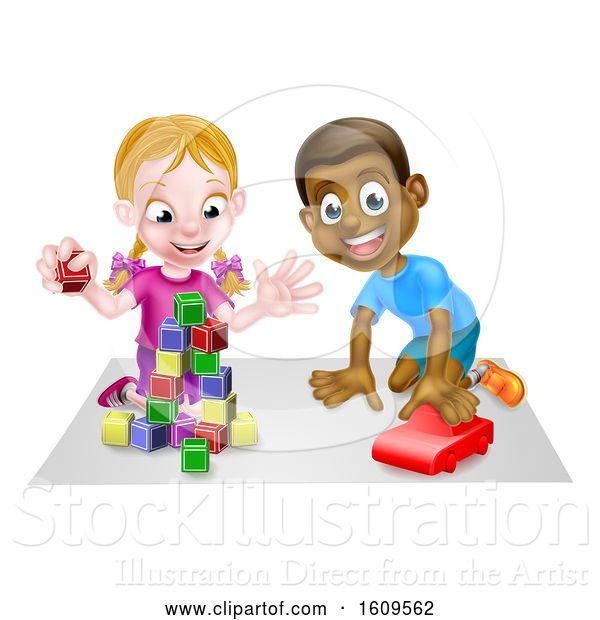 Vector Illustration of Cartoon White Girl and Black Boy Playing with Blocks and a Toy Car