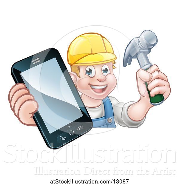 Vector Illustration of Cartoon White Male Carpenter Holding a Hammer and Cell Phone over a Sign