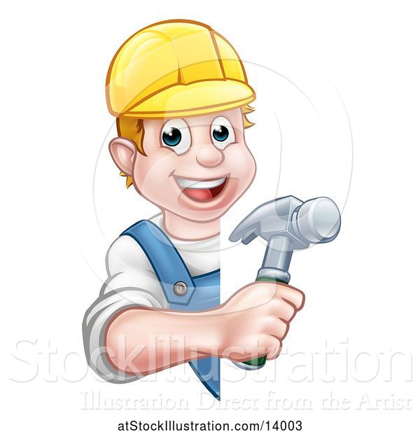 Vector Illustration of Cartoon White Male Carpenter Holding a Hammer Around a Sign