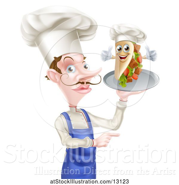 Vector Illustration of Cartoon White Male Chef Holding a Souvlaki Kebab Sandwich on a Tray