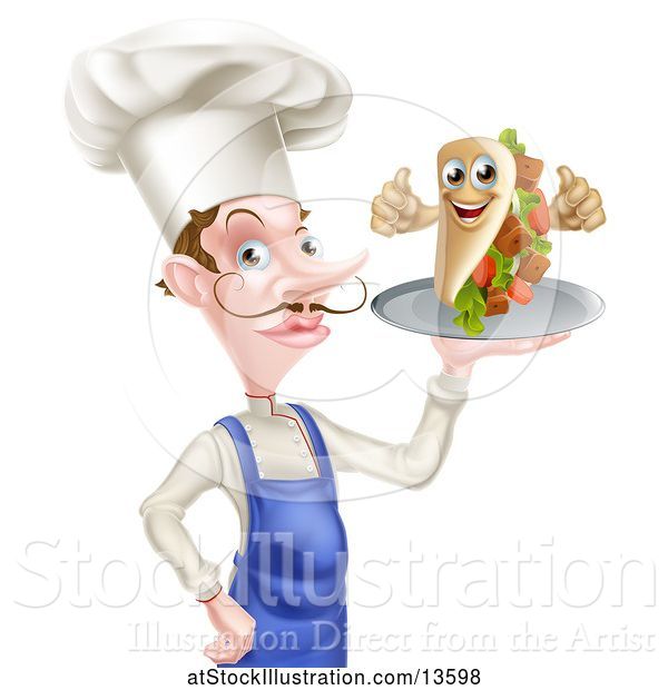 Vector Illustration of Cartoon White Male Chef Holding a Souvlaki Kebab Sandwich on a Tray