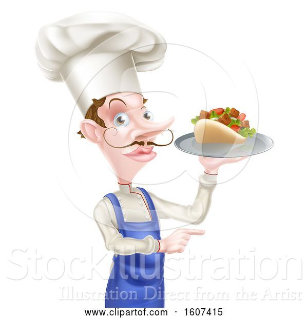 Vector Illustration of Cartoon White Male Chef Holding a Souvlaki Kebab Sandwich on a Tray