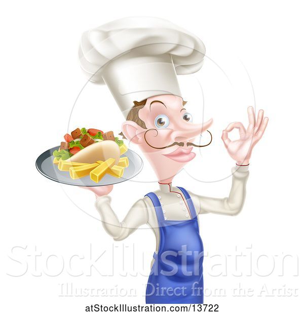 Vector Illustration of Cartoon White Male Chef with a Curling Mustache, Holding a Souvlaki Kebab Sandwich and French Fries on a Tray