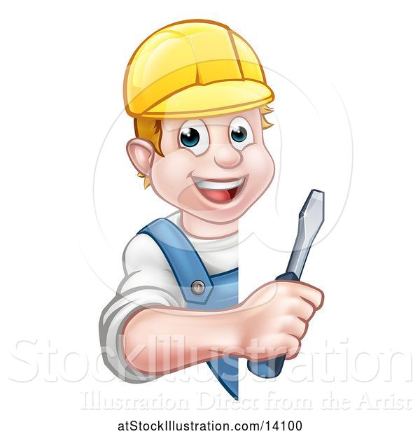 Vector Illustration of Cartoon White Male Electrician Holding a Screwdriver Around a Sign