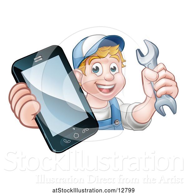 Vector Illustration of Cartoon White Male Mechanic Holding a Spanner Wrench and Smart Phone over a Sign