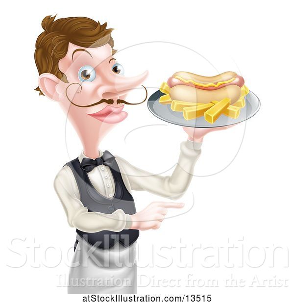 Vector Illustration of Cartoon White Male Waiter Holding a Hot Dog and French Fries on a Platter and Pointing